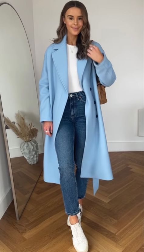 Light Blue Overcoat Outfit Women, Blue Coatigan Outfit, Light Blue Peacoat, Light Blue Long Coat Outfit, Light Blue Wool Coat Outfit, Light Blue Coat Outfits For Women, Light Blue Jacket Outfits For Women, Light Blue Trench Coat Outfit, Blue Coat Outfits For Women