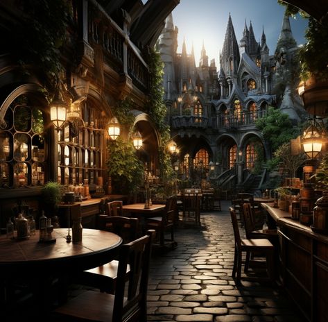 Fairytale Restaurant, Harry Potter Buildings, Dark Restaurant Aesthetic, Fantasy Restaurant, Fantasy House Concept, Harry Potter Village, Fantasy Cafe, Stream Aesthetic, Dark Restaurant