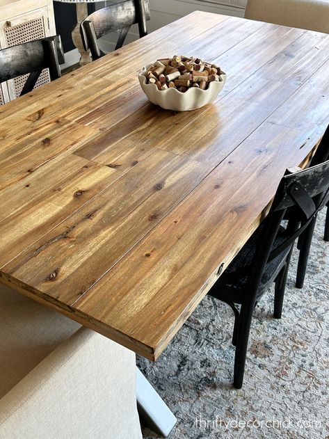 How to remove water and food stains from a wood table and protect it with a gorgeous finish! Water Stain On Wood, Refinished Table, Cedar Table, Remove Water Stains, Natural Wood Table, Pine Dining Table, Stained Table, Hardwood Table, Thrifty Diy