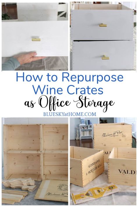 How to Repurpose Wine Crates as Office Storage Crates On Wall, Wine Crate Storage, Wine Crates, Crate Decor, Crate Bookshelf, Crate Diy, Diy Yarn, Wine Crate, Crate Storage