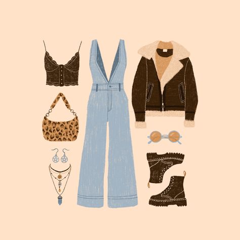 Flat lay illustration of an outfit. Denim jumpsuit, lace camisole, leopard print bag, goth jewellery, aviation bomber jacket, sunglasses and doc marten boots. Outfit Illustration Painting, Flat Lay Illustration, Cute Clothes Collage, Flatlay Illustration, Ootd Illustration, Clothing Illustration, Ingenue Essence, Mood Board Fashion Inspiration, Clothes Illustration