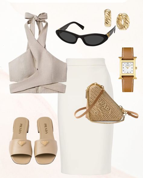 Embrace the summer vibes with this elegant and stylish outfit! 🌿✨ A beige halter crop top paired with a sleek white pencil skirt creates a perfect blend of comfort and sophistication. Accessorize with Prada slides, a chic triangular woven bag, and timeless gold hoop earrings. Top off the look with a classic Hermès watch and cat-eye sunglasses. Ready to turn heads this season? #SummerStyle #ChicOutfit #FashionInspo #OOTD #Prada #Hermès #capsulewardrobe Luxury Chic Halter Neck Crop Top, Chic Beige Halter Neck Tank Top, Summer Cream Halter Neck Top, Chic Beige Fitted Halter Top, Halter Top Outfit Summer, Chic Fitted Cream Halter Top, Halter Top Outfit, Prada Slides, Halter Tops Outfit