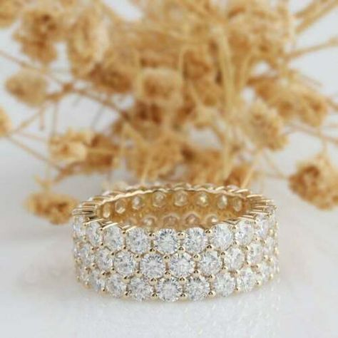 5.50 CT 3 Row Round Diamond Full Eternity Wedding Band Ring 14K Yellow Gold GP #DivyaJewels #Eternity #Engagement Blood Diamonds, Gothic Wedding Rings, Blood Diamond, Cvd Diamond, Gothic Rings, Wedding Band Ring, Eternity Wedding Band, Solid Gold Jewelry, Womens Wedding Bands