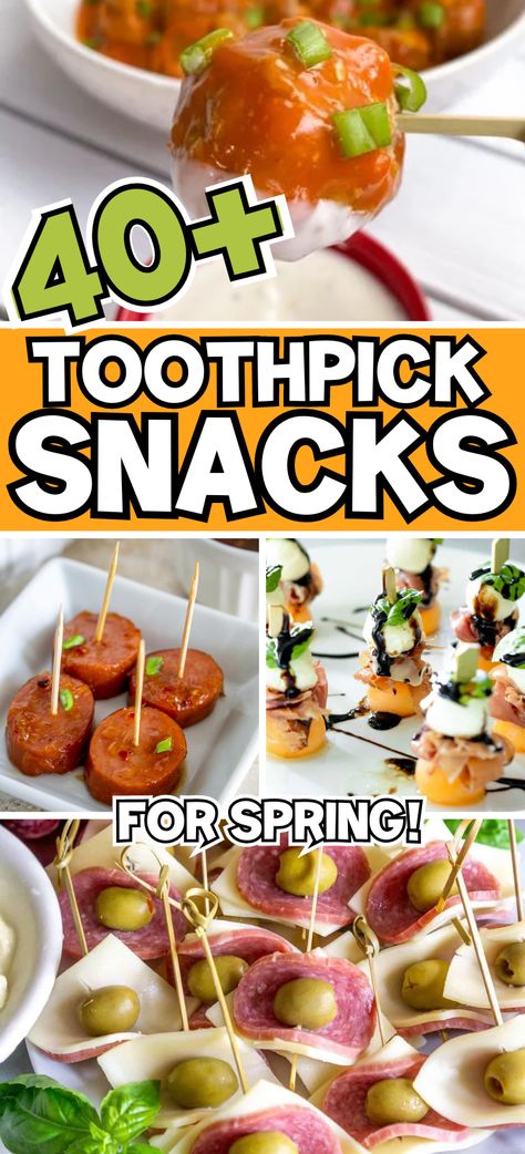 Toothpick appetizers or mini kabobs are one of my favorite kinds of finger foods to serve at any cocktail party. Well search no further! Here is a delicious list of skewered appetizers that are super fun to eat and best of all, versatile! Snacks And Appetizers Finger Foods, Tiki Party Finger Foods, Shooter Food Ideas, Tooth Pick Snacks, Finger Food Veggie Appetizers, Drink Snacks Appetizers, Appetizer For Bridal Party, Cucumber Bites Appetizers Cream Cheeses, Easy Creative Appetizers