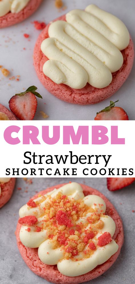 CRUMBL strawberry shortcake cookies Crumbl Strawberry, Strawberry Streusel, Cookie Strawberry, Shortcake Cookies, Strawberry Cake Mix Cookies, Crumble Cookie Recipe, Lifestyle Of A Foodie, Strawberry Shortcake Cookies, Strawberry Cookies