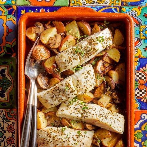 Provençal Baked Fish with Roasted Potatoes & Mushrooms Recipe - EatingWell - JUST WANT FOR POTATOES AND MUSHROOMS Potatoes And Mushrooms, Potatoes Mushrooms, Fish Recipes Baked, Mediterranean Food, Baked Fish, Mediterranean Diet Recipes, Eat Well, Roasted Potatoes, Mushroom Recipes