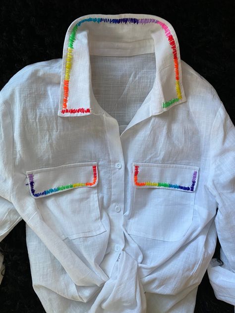 Embroidered Rainbow, Clothes Embroidery Diy, Clothes Embroidery, Upcycling Clothes, Upcycle Sewing, Embroidery Diy, Embroidery On Clothes, Embroidered Tee, Upcycled Fashion