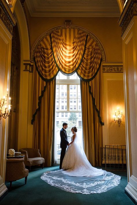 Luxurious Omni William Penn Hotel Wedding | Bride | Groom | Wedding Photo | Portrait | Elegant | Luxury | For more ballroom wedding ideas, visit burghbrides.com! Pnina Tornai Ball Gown, Glam Bride, William Penn, Pop Champagne, Pnina Tornai, Italian Culture, Ballroom Wedding, Beautiful Flower Arrangements, White Hydrangea