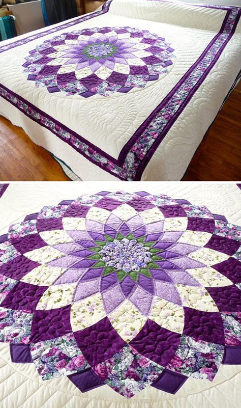 Giant Dahlia Quilt - Tutorial Giant Dahlia Quilt, Amische Quilts, Dahlia Quilt, Giant Dahlia, Amish Quilt Patterns, Flower Quilt Patterns, Amish Quilt, Lone Star Quilt, Purple Quilts