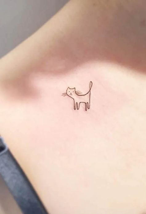 Cat Tattoo Small Simple Outline, Dainty Cat Tattoo, Cute Cat Tattoos, Cat Tatoos, Tiny Cat Tattoo, Small Cat Tattoo, Cat Silhouette Tattoos, Simple Tattoo With Meaning, Simple Cat Tattoo