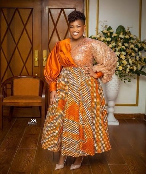 Plus Size Kitenge Designs, Orange Shweshwe Dresses, Plus Size African Fashion Ankara, Ankara Dress Plus Size, African Dresses Plus Size, African Traditional Wear, African Wedding Attire, Shweshwe Dresses, Traditional African Clothing