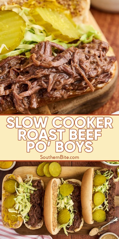 Slow Cooker Roast Beef Debris Po' Boys Slow Cooker Roast Beef Sandwiches, Shredded Beef And Gravy, Beef Roast Crockpot Recipes, Shredded Roast Beef, Classic Roast Beef, Shredded Roast, French Bread Rolls, Beef And Gravy, Beef Roast Crock Pot