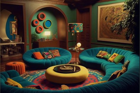 Futuristic 70s Interior Design, Retro Futurism Furniture, Retro Futuristic House, Retrofuture Interior, Avant Garde Interior Design, Apt Aesthetic, 60s Interior Design, Lgbtq Aesthetic, Sims Interior