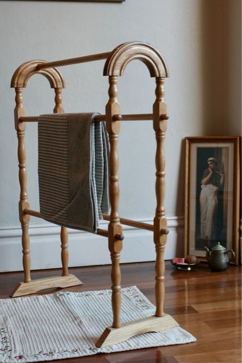 Beautiful Wooden Towel Rail Rack, Vintage Classic Timber Stand, Can be Posted | Wooden towel rail, Vintage towels, Beautiful towels Wooden Towel Rack Bathroom, Bathroom Standing Shelf, Wooden Towel Rail, Repurposed Wood Projects, Vintage Tea Cart, Bathroom Shelves For Towels, Standing Towel Rack, Stainless Steel Cable Railing, Bathroom Towel Rails