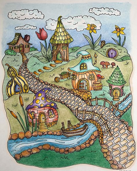 Fairy Village Illustration, Gnome Village Drawing, Fairy Village Art, Fairy Garden Drawing Simple, Fairy Village Drawing, Fairy Land Drawing, Gnomes Painting, Fairy Garden Drawing, Fantasy Dwellings