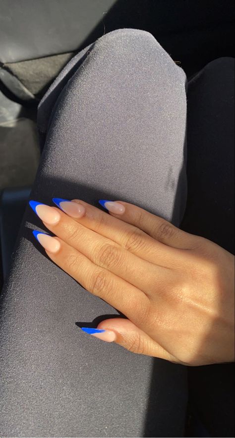 French Tip Nails Blue Almond, Almond Shaped French Tip Nails Blue, Christmas Nails Blue French Tips, Royal Blue Tips Acrylic Nails, French Nails Royal Blue, White Royal Blue Nails, Blue French Tip Nails Almond Shape, Nails Acrylic Blue Tips, Royal Blue And White Nails Almond