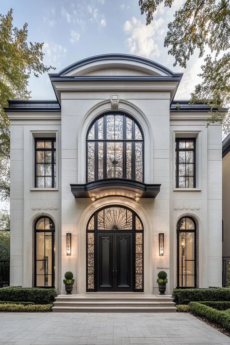 Modern Art Deco home with symmetrical design geometric facade ornate metal door and stylized windows Vintage Home Design Exterior, Vintage Modern House Exterior, Timeless House Design Exterior, Vintage Homes Exterior, 1920s House Exterior, Art Deco Exterior Home, Art Deco House Exterior, Art Deco Home Interior, Art Deco Home Exterior