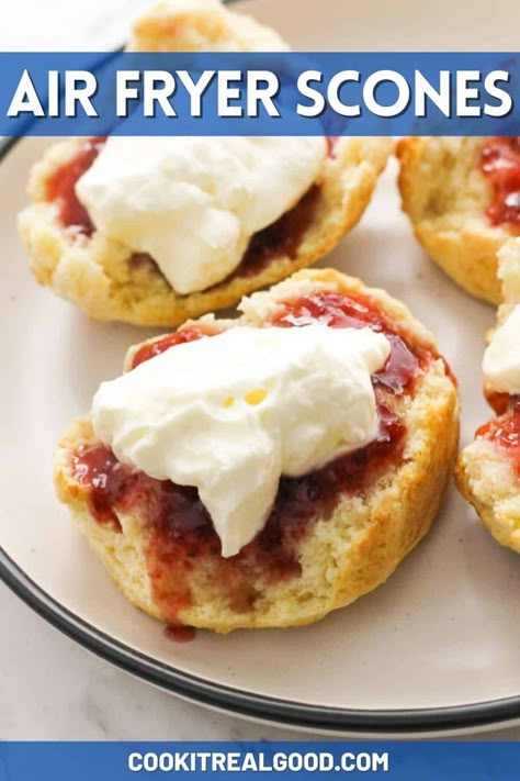 Try these easy Air Fryer Scones for a delicious morning or afternoon tea treat. These lemonade scones are made with just 4 ingredients and are so fluffy and moist. Serve with cream and jam. Air Fryer Scones, Lemonade Scone Recipe, Mary Berry Recipes Baking, Phillips Air Fryer, Lemonade Scones, Air Fryer Cake Recipes, Air Fryer Recipes Low Carb, Air Fryer Recipes Dessert, New Air Fryer Recipes