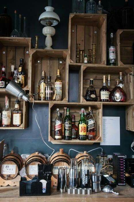 Bar Pallet, Bar Deco, Bar Shelves, Bar Design Awards, Crate Shelves, Rustic Bar, Home Bar Designs, Bar Displays, Diy Bar