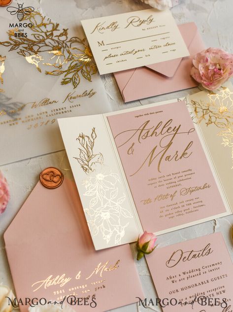 When it comes to planning a luxurious and glamorous wedding, every detail matters, especially the invitations. If you're looking to make a statement with your wedding stationery, consider the exquisite elegance of luxury gold foil wedding invitations. These invitations are the epitome of opulence, with their shimmering gold foil detailing that adds a touch of luxury and sophistication. The gold foil not only catches the light but also elevates the overall aesthetic of the invitation, making it a Pink Wedding Stationery, Blush Pink Wedding Invitations, Shine Wedding Invitations, Rose Gold Wedding Invitations, Glamour Wedding, Gold Foil Wedding Invitations, Blush Pink Wedding, Bespoke Wedding Invitations, Pink And Gold Wedding