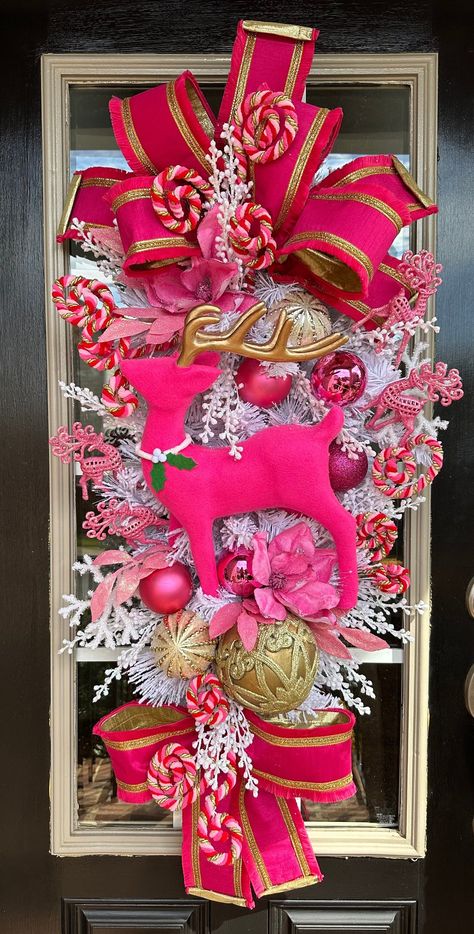 Flocked Christmas Wreath, Reindeer Decor, Reindeer Wreath, Pink Christmas Wreath, Tree Decoration Ideas, Teardrop Swag, Custom Wreath, Designer Board, Diy Christmas Ornaments Easy