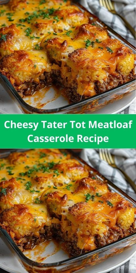 Easy cheesy tater tot meatloaf casserole - a delicious and hearty family meal! Tater Tot Meatloaf, Tator Tot Recipe, Easy Ground Beef Dinner, Cheesy Meatloaf, Cheesy Tater Tots, Meatloaf Casserole, Ground Beef Dinner, Tater Tot Recipes, Tater Tot Casserole Recipes