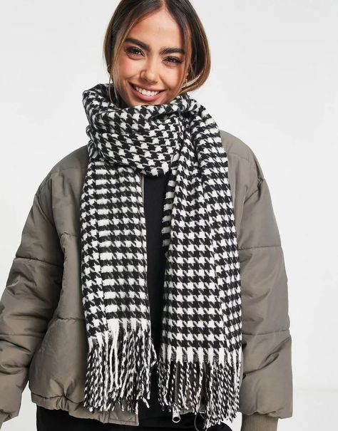 Add a stylish flair to any outfit with Scarf in this black and white Houndstooth design. This oversized scarf is as cosy and soft as it is eye-catching thanks to its brushed wool finish that makes it wonderfully tactile. #houndstooth #scarf Outfit With Scarf, Scarf Black And White, Houndstooth Scarf, Scarf Outfit, Hounds Tooth, Oversized Scarf, White Houndstooth, Birthday Wishlist, Winter Scarf