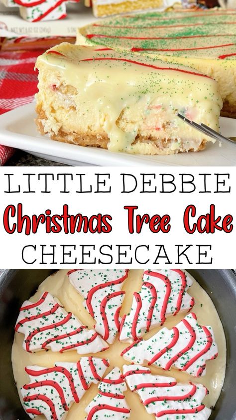 Indulge in the ultimate holiday dessert with the Little Debbie Christmas Tree Cake Cheesecake. A luscious Golden Oreo crust serves as the perfect foundation for this decadent delight. Nestled within is a layer of iconic Little Debbie Christmas Tree Cakes, adding a whimsical touch and nostalgic flavor. The creamy homemade cheesecake filling provides a velvety texture and rich taste that perfectly complements the cake layer. Little Debbie Christmas Tree Snack Cake Cheesecake, No Bake Little Debbie Cheesecake, Little Debbie Christmas Tree Cheesecake Recipes, Homemade Christmas Tree Cakes, Little Debbie Cheesecake Christmas Tree, Christmas Tree Cake Dessert Ideas, Little Debbie Tree Cheesecake, Little Debbie Cheesecake Recipe, Christmas Cake Cheesecake