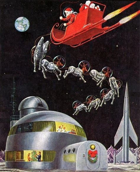 Red Rocket, Earth Space, Science Fiction Illustration, Christmas Jokes, Christmas Light Bulbs, Futuristic Art, Vintage Memory, Earth From Space, Science Fiction Art