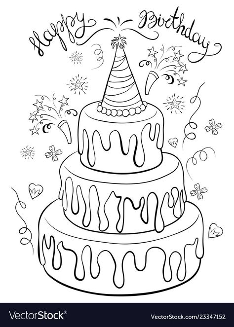 Print Poster Design, Happy Birthday Animals, Birthday Cake Illustration, Cake Lettering, Cake Vector, Cake Drawing, Birthday Chocolate, Line Art Style, Cake Illustration