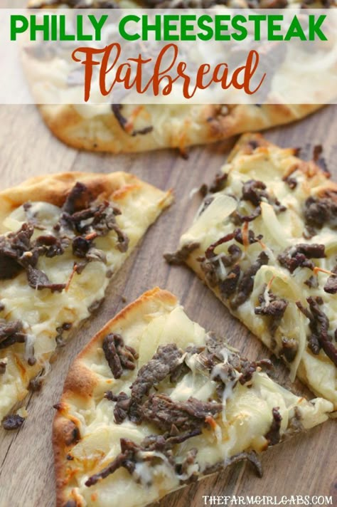 Cheesesteaks rule in my neck of the woods. This Philly Cheesesteak Flatbread is the perfect recipe to celebrate the sandwich Philadelphia made famous. Philly Cheese Steak Flatbread, Philly Cheesesteak Flatbread, Steak Flatbread Pizza, Cheesesteak Flatbread, Shaved Beef Recipe, Flatbread Pizza Recipes, Steak Pizza, Philly Steak, Cheese Flatbread