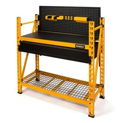 Yellow 2- Tier Heavy Duty Shop Workbench Industrial Steel Garage Storage Shelving Unit 50 in. W x 56 in. H x 18 in. D Dewalt Garage, Garage Bench, Industrial Storage Racks, Under Shelf Storage, Steel Pegboard, Garage Shelving Units, Shelf Industrial, Industrial Racks, Garage Storage Shelves