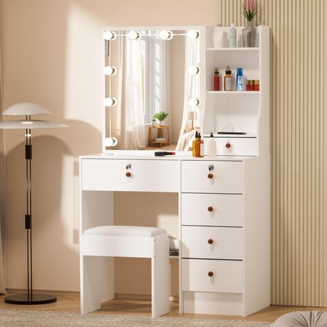 PRICES MAY VARY. LARGE CAPACITY SPACE- Overall size: 31.5”L x 14.2”D x 51.6”H. the vanity set contains 6 drawers, 6 storage shelves,. Drawers are available for makeup tools, such as hair dryers, hair curlers, combs and so on. While the shelves are perfect for your jewelry and skincare products. SLIDING DESIGN MIRROR- The size of the mirror is 23.7''H x 18.9''L. Equipped with 10 LED 360-degree rotation Light bulbs. The large high-definition mirror of this dressing table is clear, which is great f Mirror For Girls, Cosmetic Table, Dressing Table Mirror Design, Girls Dressing Table, Room Things, Hippie Birthday, Hollywood Vanity, Vanity Bedroom, Table Vanity