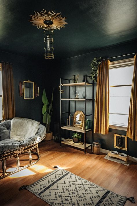 Moody Living Room Jewel Tones, Jewel Toned Living Room, Dark Green Room, Jewel Tone Room, Moody Mid Century Modern, Dark Eclectic, Moody House, Mid Century Modern Bedroom Decor, Dark Green Rooms