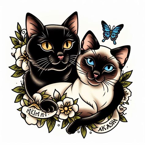 Cat Memorial Tattoo Traditional, Traditional Siamese Cat Tattoo, American Traditional Tattoos Black Cat, Yin And Yang Cat Tattoo, Cat Portrait Tattoo Traditional, Black Cat American Traditional Tattoo, Cat And Woman Tattoo, Black Cat Portrait Tattoo, American Traditional Black Cat