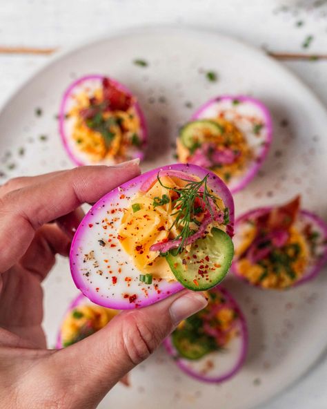 Perfectly Pink Deviled Egg Recipe | Culinary Cartel Delicious Deviled Egg Recipe, Pickled Deviled Eggs, Paleo Mayonnaise, Pickled Eggs Recipe, Devilled Eggs, Pickled Eggs, Pickled Beets, Deviled Eggs Recipe, Beet Juice