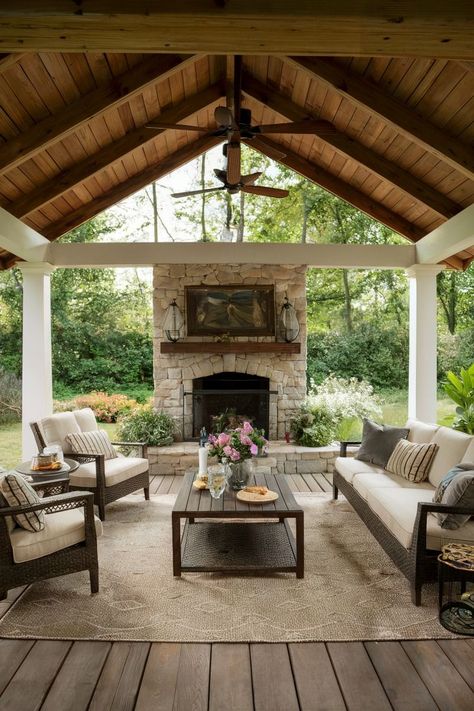 Outdoor Patio Pavilion, Vaulted Outdoor Patio With Fireplace, Backyard Fireplace Gazebo, Open Gazebo Ideas Backyard, Covered Patios With Fireplaces, L Shaped Covered Patio Ideas, Large Outdoor Entertaining Area, Backyard Fireplace Ideas Lounge Areas, Lake House Vibes