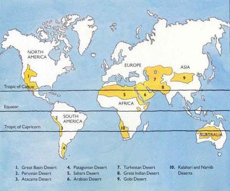 Desert Areas of the world | Map of the Main Desert Areas of the World (ArmyStudyGuide.com) Desert Map, International Date Line, Desert Biome, United Nations Peacekeeping, Tropic Of Capricorn, Deserts Of The World, Desert Area, Geography Map, Geography Lessons