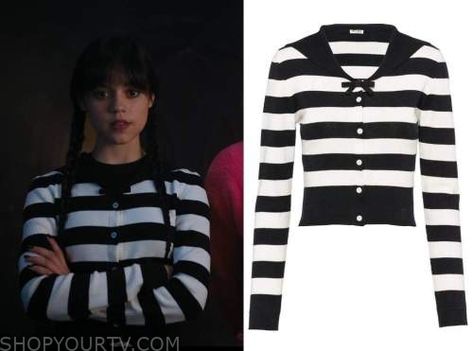 Wednesday: Season 1 Episode 6 Wednesday's Striped Bow Front Cardigan Wednesday’s Outfits, Wednesday Episode 1, Wednesday Tv Show Outfits, Wednesday Outfits Jenna Ortega, Wanda Addams, Wednesday Style Outfits, Wednesday Clothes, Wednesday Fashion, Wednesday Style