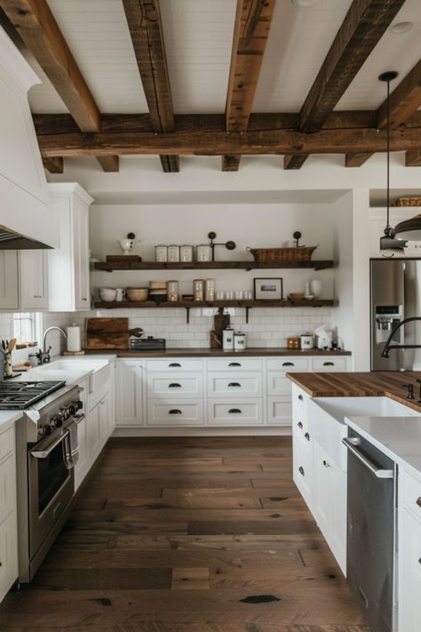 Get a dark and moody farmhouse kitchen with these clever tips and ideas. Dark Wood Farmhouse Kitchen, Modern Rustic Cabin, Farmhouse Kitchen Designs, Moody Farmhouse, Beautiful Kitchenware, French Inspired Home, Scandinavian Kitchens, Kitchen Dark, Pantry Decor