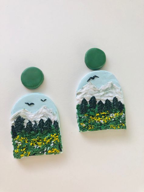 Polymer Clay Sceneries, Landscape Polymer Clay Earrings, Mountain Polymer Clay Earrings, Polymer Clay Landscape Earrings, Polymer Clay Mountains, Mountain Clay Earrings, Clay Earrings Diy Tutorials, Polymer Clay Landscape, Polymer Clay Forest