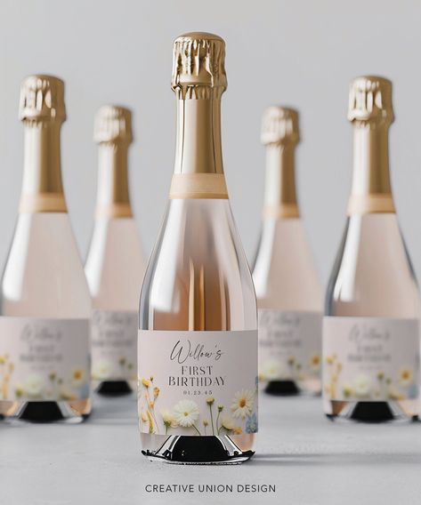 Baby Shower Champagne Label, Printable Champagne Labels, Baby Shower Favors, Champagne Shower, Girl Baby Shower, Pop and Cheer, Wildflowers Wildflower First Birthday Party, Prosecco Wedding, Champagne Ideas, First Birthday Party Girl, Prosecco Party, Blush Hydrangea, Wildflower First Birthday, Petals And Prosecco Bridal, Bridesmaids Brunch