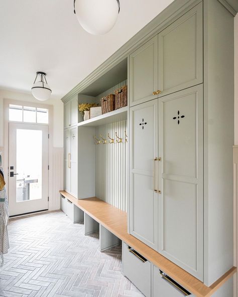 Michael Mudroom-Laundry Room • Instagram Brick Herringbone Floor, Mudroom Paint Color, Functional Mudroom, Small Walk In Closet, Built In Lockers, Mudroom Cabinets, Mud Room Entry, Mudroom Lockers, Mudroom Organization