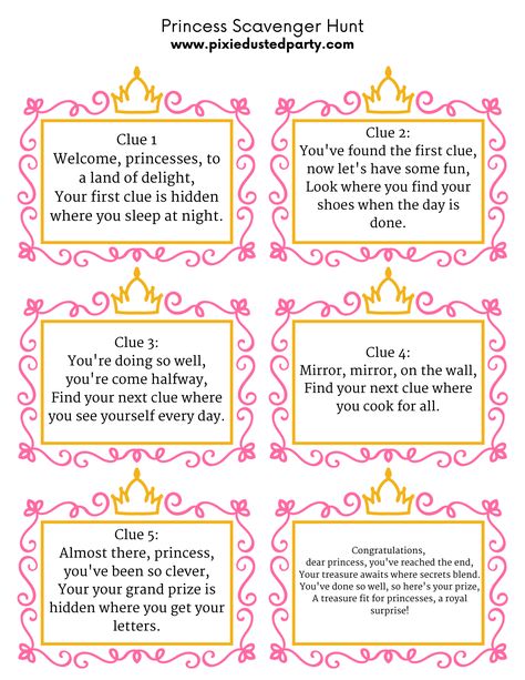 Princess Scavenger Hunt for Your Arizona Party Princess Scavenger Hunt Free Printable, Princess Scavenger Hunt, Arizona Party, I Am A Princess, Poppy Birthday, Event Ideas, Treasure Hunt, Princess Party, Scavenger Hunt