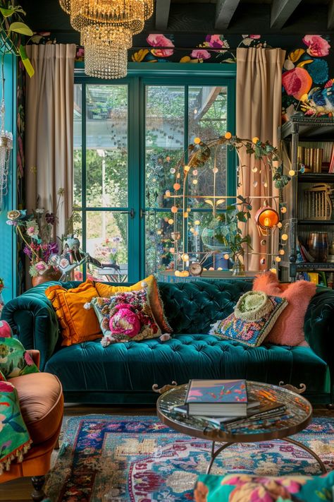 Eclectic Boho Chic: Transform Your Living Space with Vibrant Textures & Colors Mystic Living Room, Living Room Ideas Jewel Tones, Jewel Tone Eclectic Decor, Jewel Tone Cottage, Boho Living Room Jewel Tones, Bright Vintage Living Room, Jewel Tones Room, Jewel Tone Room Decor, Jewel Tone Asthetics