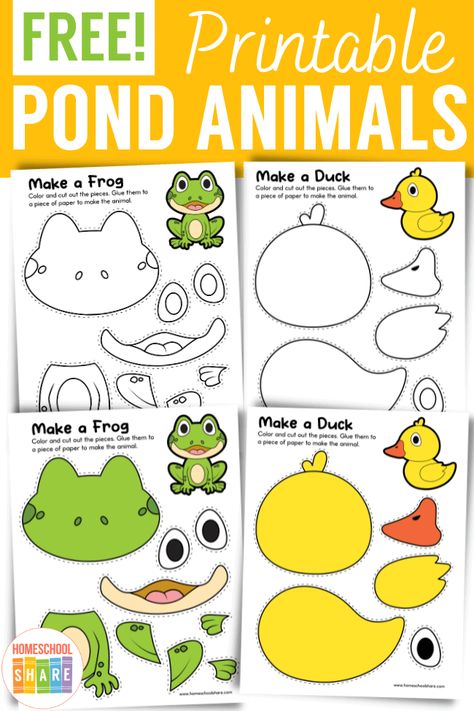 Free Printable Pond Animal Crafts - Homeschool Share Animal Habitats Preschool Crafts, Pond Animals Preschool Crafts, Pond Crafts For Toddlers, Pond Animal Crafts, Pond Animals Preschool, Pond Life Preschool Crafts, Pond Life Crafts, Pond Animal Activities For Preschool, Pond Life Theme For Preschool