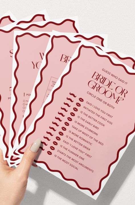 Download and print your very own Hens/Bachelorette or Bridal Shower games in a modern 'Pink & Red' theme design. This pack comes with 8 games. These designs are available in both a premade, ready to print version and an editable Canva template where you can add your own prompts in. This download comes in both A4 and Letter. Games Included ✸ Bridal Bingo ✸ Drink If ✸ Guess The Bride's Dress ✸ Who Said it: Bride or Groom ✸ How Well Do You Know the Diy Hens Party Activities, Best Hens Party Ideas, Hens Party Inspiration, Bridal Shower And Bachelorette Together, Fun Bachelorette Activities, Hens Party Ideas Games, Hens Games Ideas, Hens Activities, Night Bridal Shower Ideas