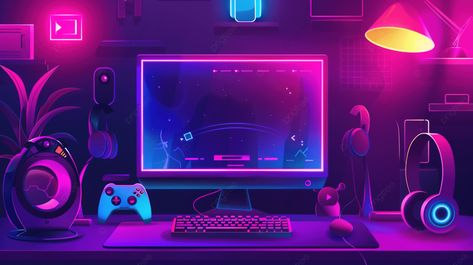 Gamer Backgrounds, Neon Computer, Monitor Background, Streaming Background, Desk Background, Video Game Backgrounds, Monitor Desk, Desktop Images, Scene Wallpaper