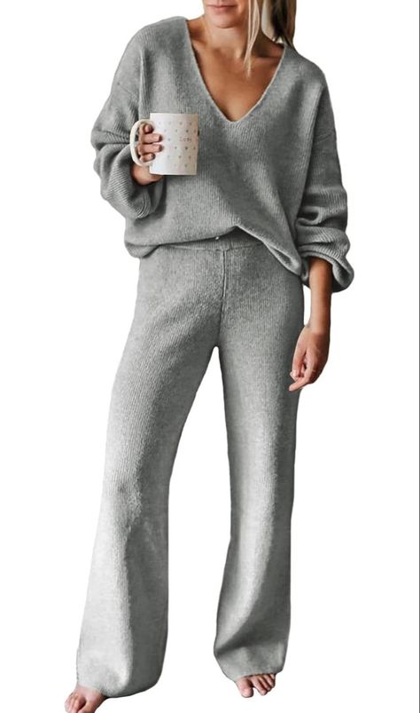 Viottiset Women's 2 Piece Outfits Casual V Neck Knit Wide Leg Sweater Lounge Set Sweatsuit Outfit Ideas Fall Casual, Sweater Lounge Set, Winter Outfits Trendy, Sweatsuit Outfits, Sweater Lounge, Outfits Women Winter, Women Winter Outfits, Fall Outfits Cute, Womens Knit Sweater