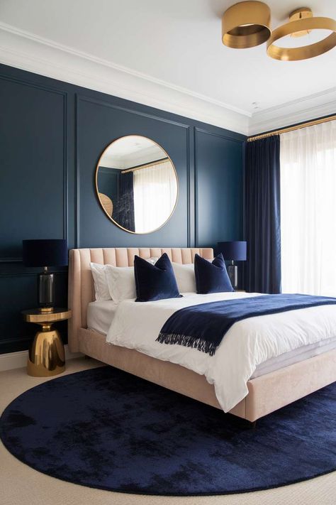 40+ Cozy Bedroom Ideas Navy Accent Wall, Dark Blue Bedroom Walls, Navy Bedroom Decor, Tan Bedroom, Blue And Pink Bedroom, Navy Bedrooms, Dark Blue Bedrooms, Blue Bedroom Walls, Navy Blue Bedrooms